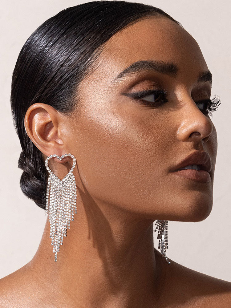 Rhinestone Heart Tassel Drop Earrings - Image 3
