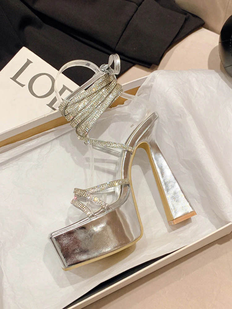 Rhinestone Lace-up Platform Heels - Image 10