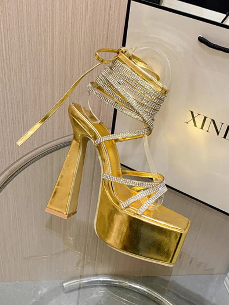 Rhinestone Lace-up Platform Heels - Image 5