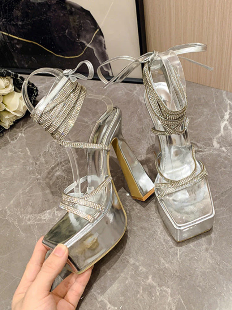 Rhinestone Lace-up Platform Heels - Image 8