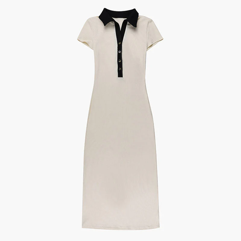 Ribbed Collar Short Sleeve Button Front Bodycon Maxi Dress - Apricot - Image 5