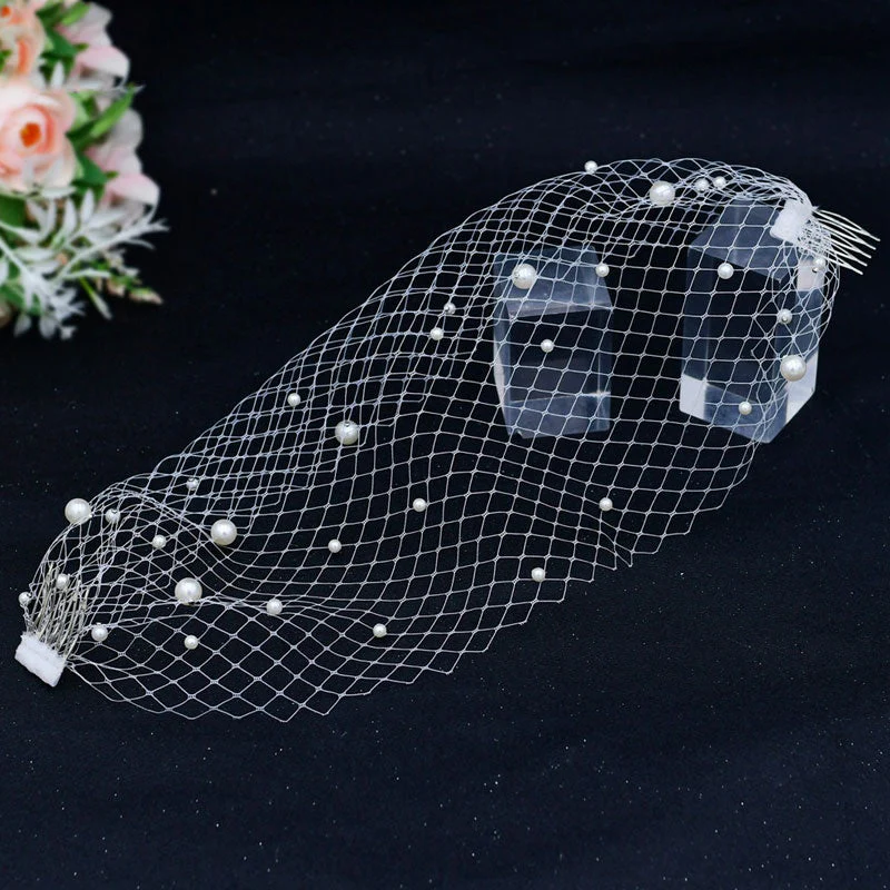 Faux Pearl Embellished Single Layer Birdcage Veil Hair Comb - White - Image 2