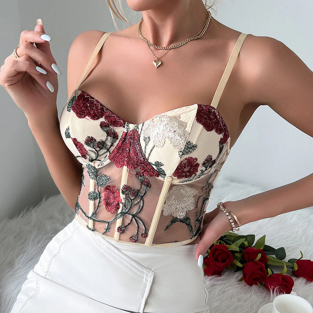 Floral Embroidered Cropped Corset Top - Apricot - Image 2