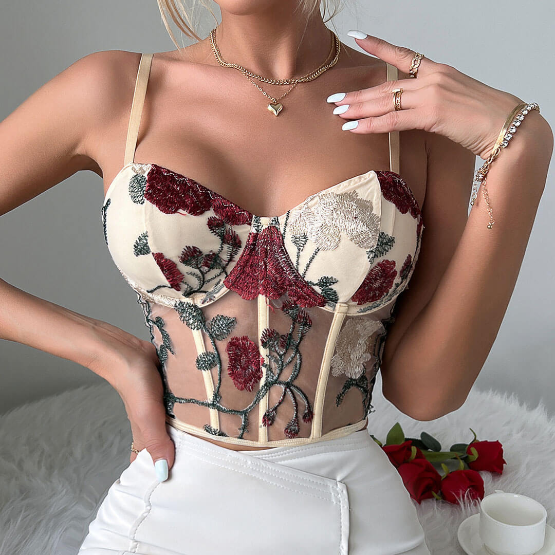 Floral Embroidered Cropped Corset Top - Apricot - Image 3