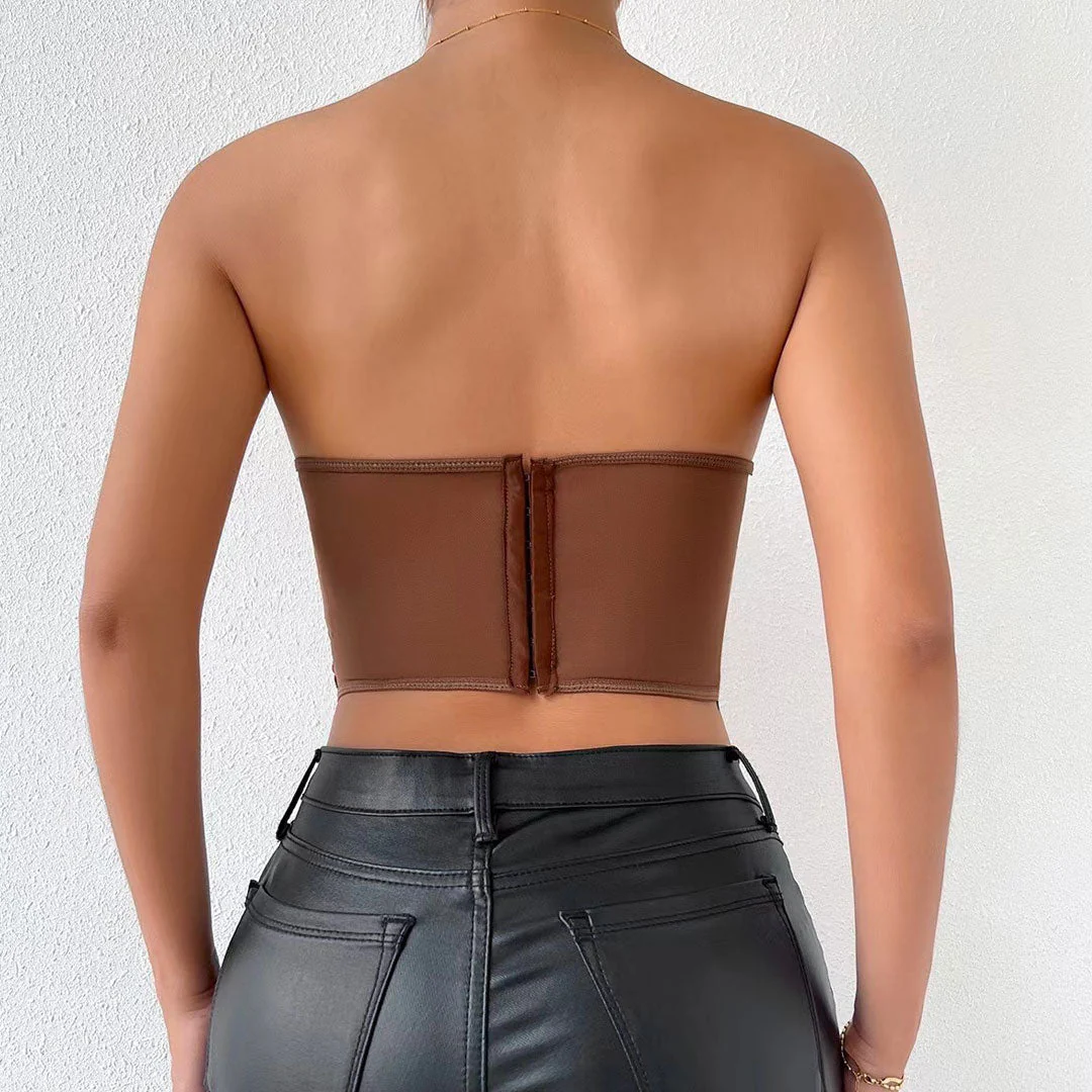 Embroidered Sheer Tulle Crop Corset Tube Top - Brown - Image 4