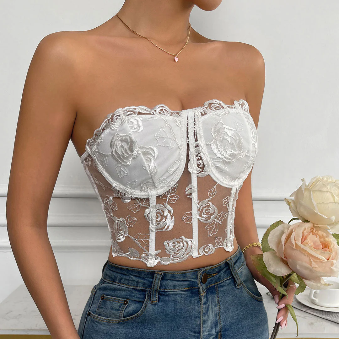 Embroidered Sheer Tulle Crop Corset Tube Top - White - Image 2