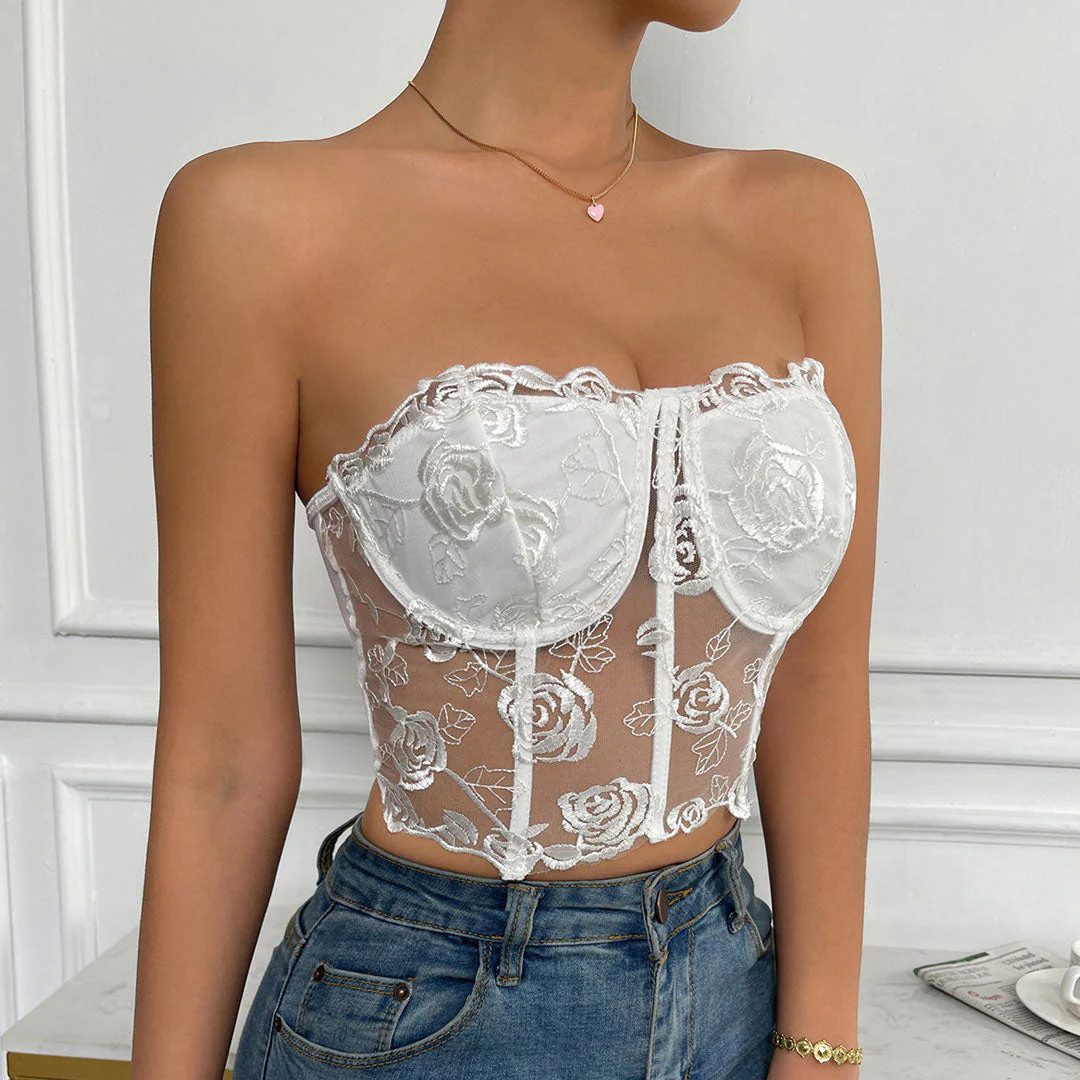 Embroidered Sheer Tulle Crop Corset Tube Top - White - Image 3