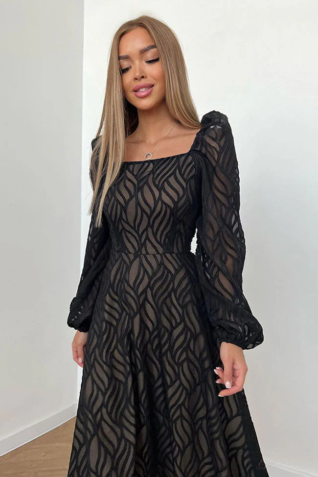 Romantic Square Neck Puff Sleeve Jacquard Chiffon Midi Dress - Black - Image 3