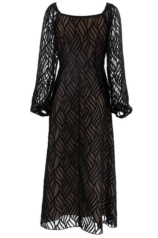 Romantic Square Neck Puff Sleeve Jacquard Chiffon Midi Dress - Black - Image 5