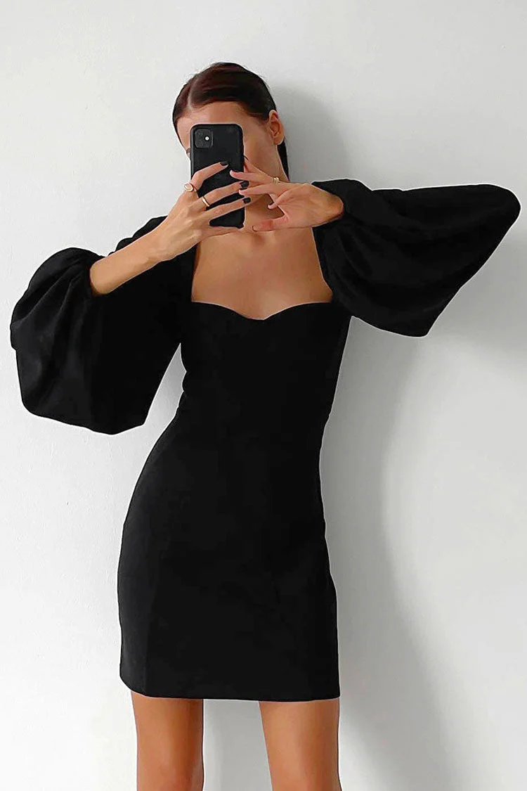 Romantic Sweetheart Neck Bishop Sleeve Bodycon Party Mini Dress - Black - Image 2