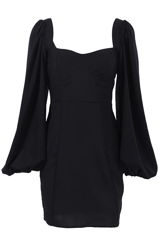 Romantic Sweetheart Neck Bishop Sleeve Bodycon Party Mini Dress - Black - Image 4