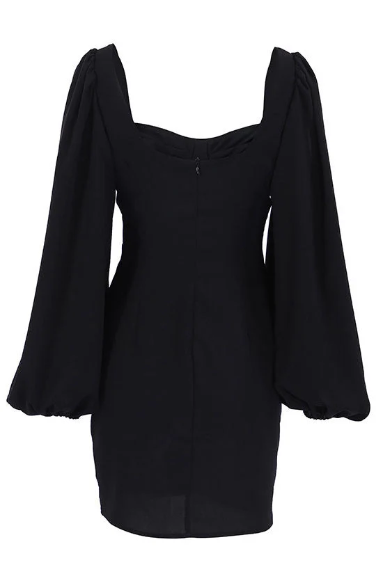 Romantic Sweetheart Neck Bishop Sleeve Bodycon Party Mini Dress - Black - Image 5