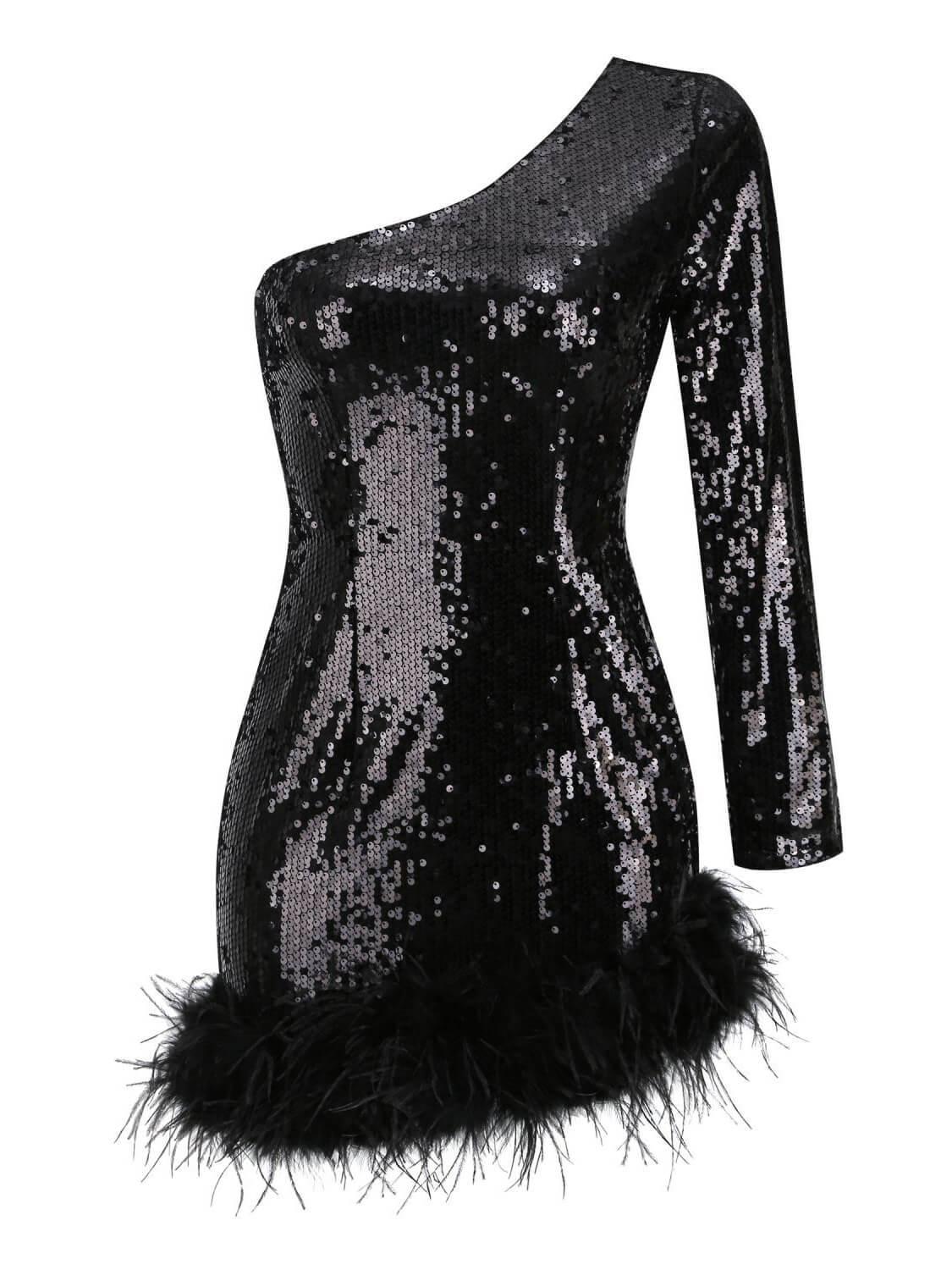 Romy One Shoulder Sequin Feather Mini Dress - Image 5