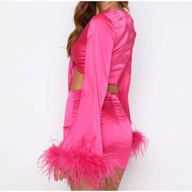 Rose Lotus Feather Sleeve Satin Two-Piece Set - Image 8