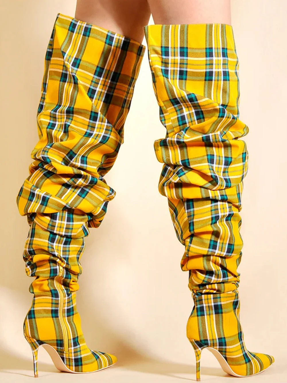 Ruched Over Knee Boots In Yellow & Green - Image 5