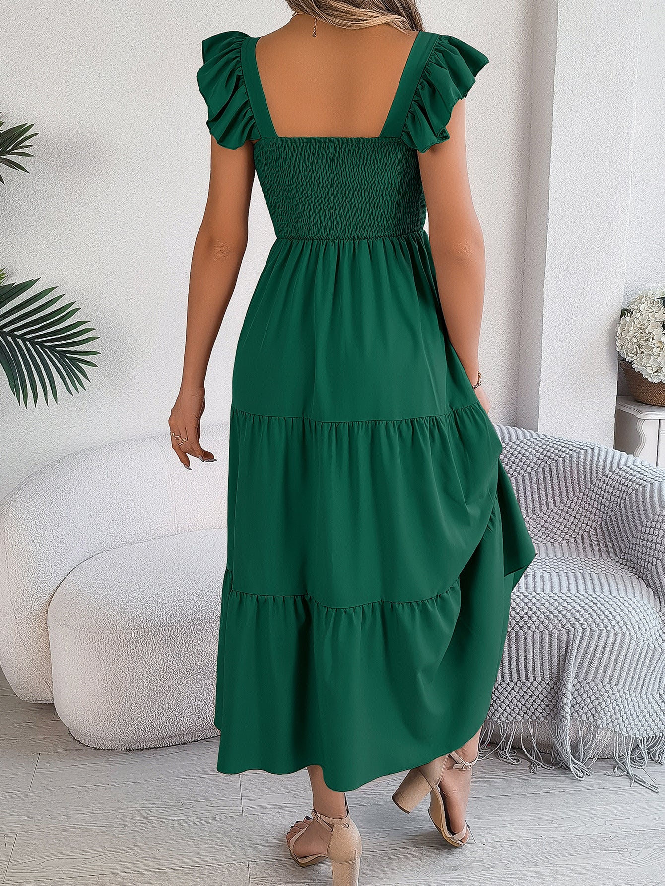 Ruffle Off The Shoulder Embroidered Floral Tiered Maxi Dress - Dark Green - Image 6