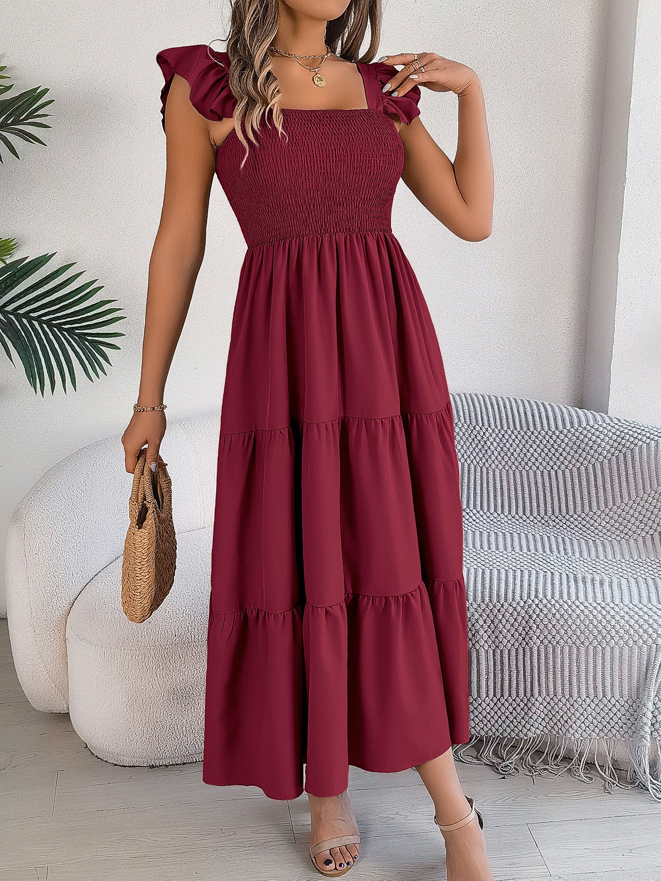 Ruffle Off The Shoulder Embroidered Floral Tiered Maxi Dress - Wine Red - Image 2