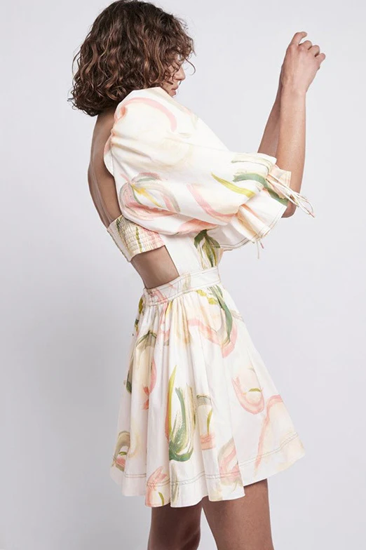 Ruffle Puff Sleeve Cutout Black Floral Printed Mini Dress - White - Image 4