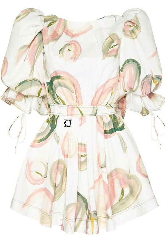 Ruffle Puff Sleeve Cutout Black Floral Printed Mini Dress - White - Image 6