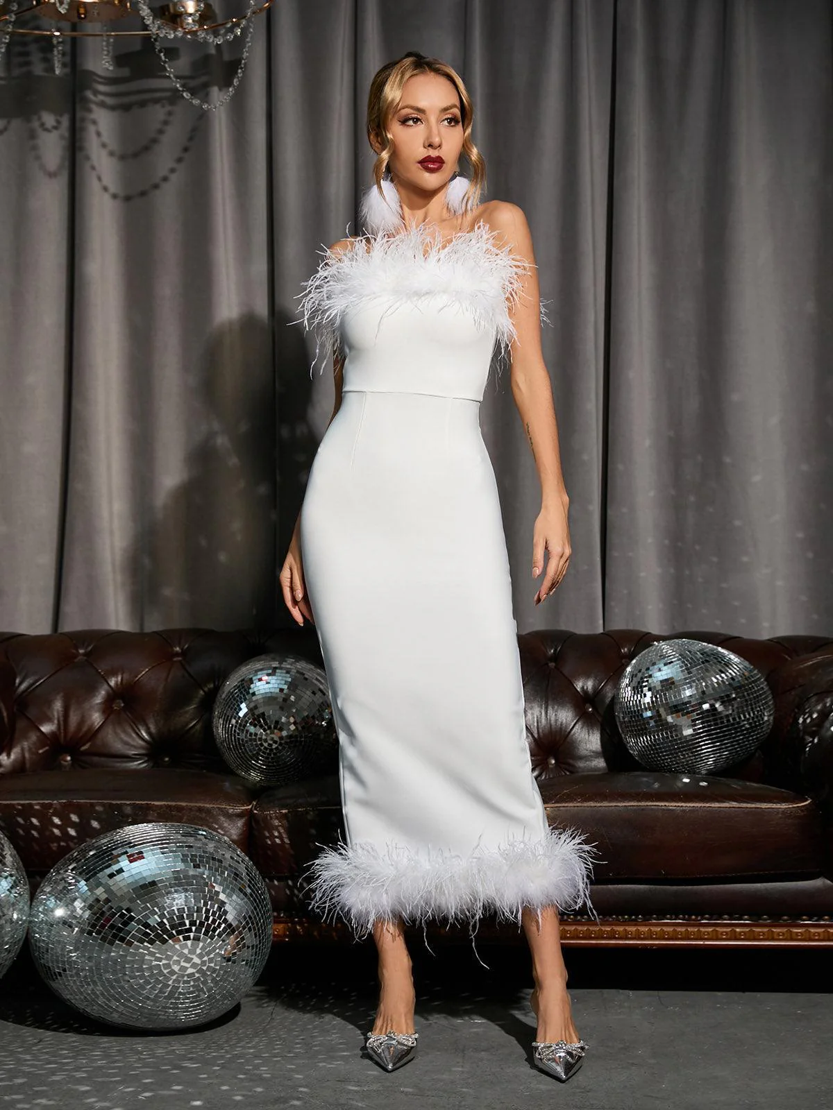 Salome Strapless Feather Trimmed Bandage Dress In White - Image 3