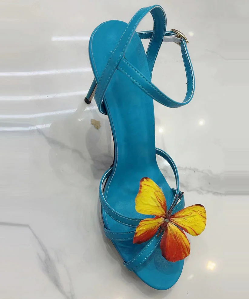 Sandals High Splicing Heels Green Leather Cowhide - Image 2