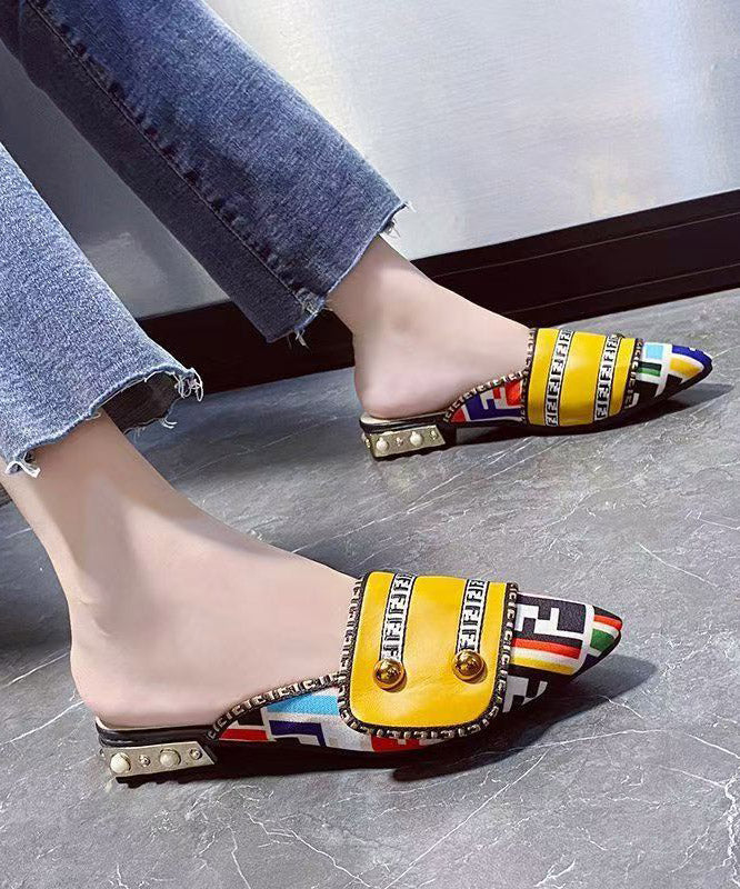 Sandals Toe Pointed Splicing Unique Slide Leather Yellow Faux - Image 5