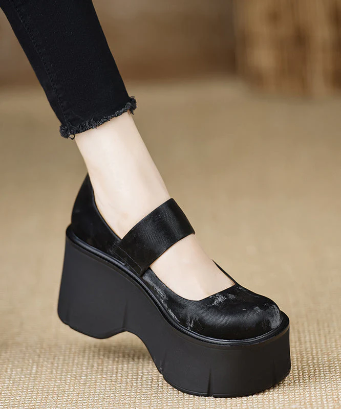 Satin High Strap Splicing Buckle Heels Brown Wedge New - Image 2