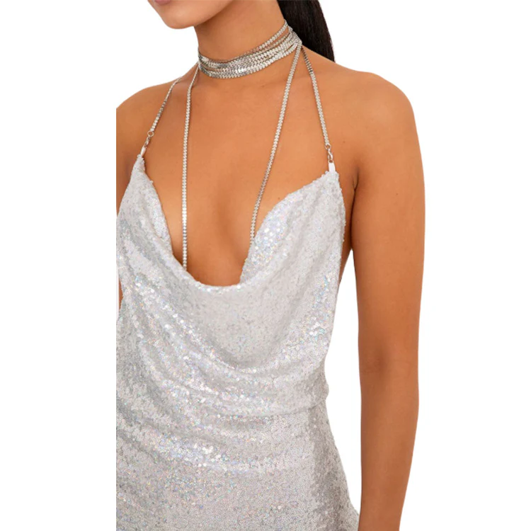 Self Love Metallic Mesh Crystal Straps Mini Dress - Image 2