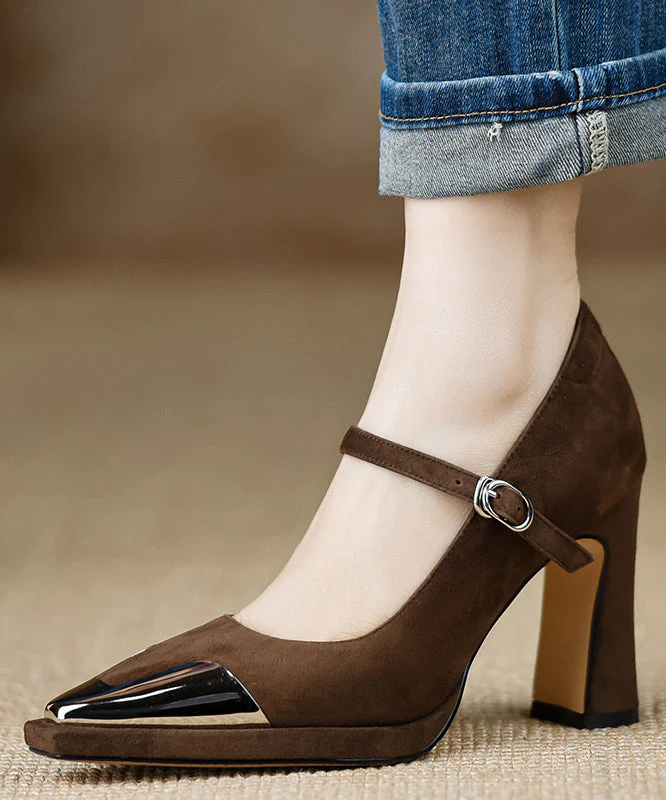 Sequined Splicing Chunky High Heels Black Suede - Image 2