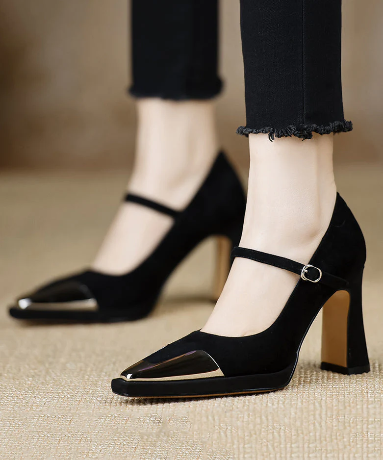 Sequined Splicing Chunky High Heels Black Suede - Image 3