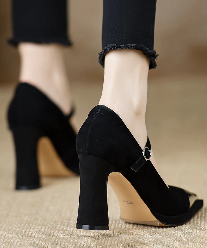 Sequined Splicing Chunky High Heels Black Suede - Image 5