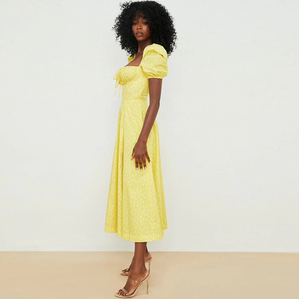 Printed Puff Sleeve High Slit Smock Maxi Sundress - Dark Yellow - Image 2