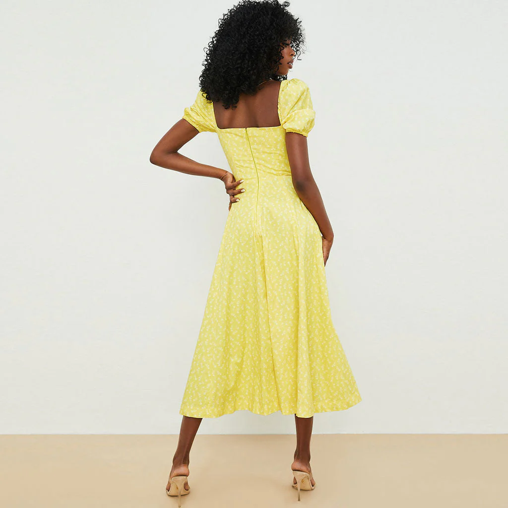 Printed Puff Sleeve High Slit Smock Maxi Sundress - Dark Yellow - Image 3