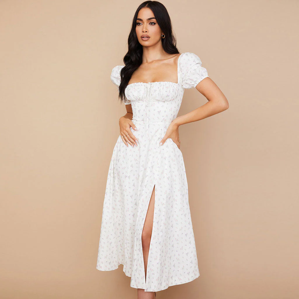 Printed Puff Sleeve High Slit Smock Maxi Sundress - White - Image 2