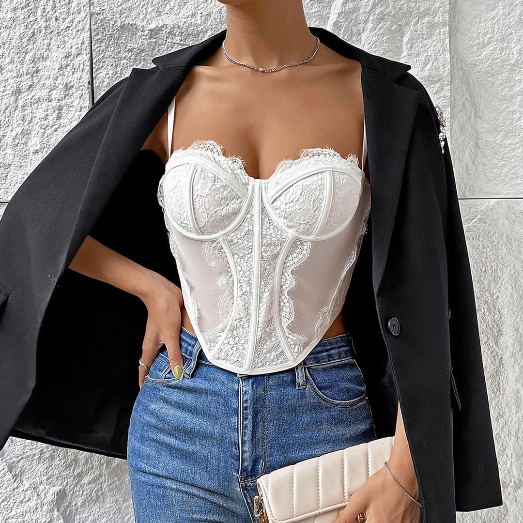 Eyelash Lace Underwire Bustier Corset Tank Top - White - Image 2