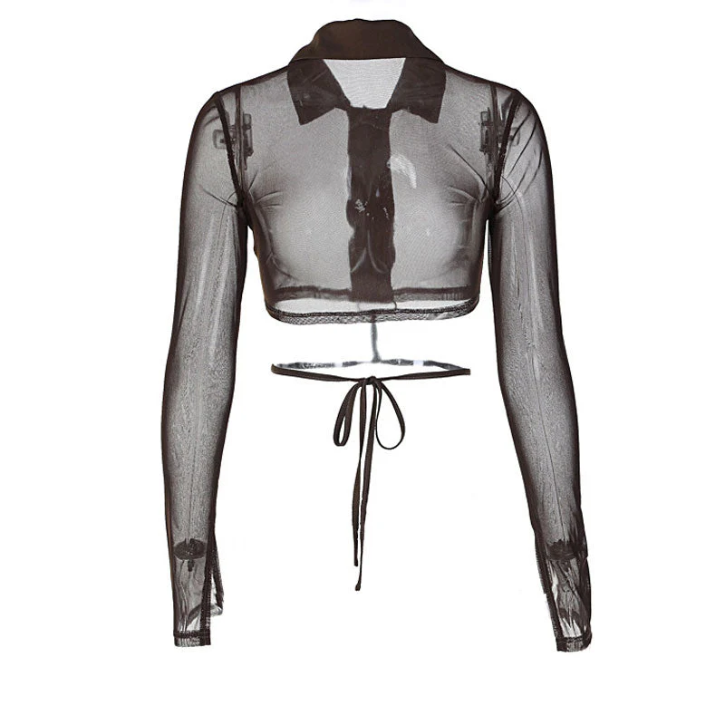 Button Up Pointed Collar Long Sleeve Crop Shirt- Brown - Image 3