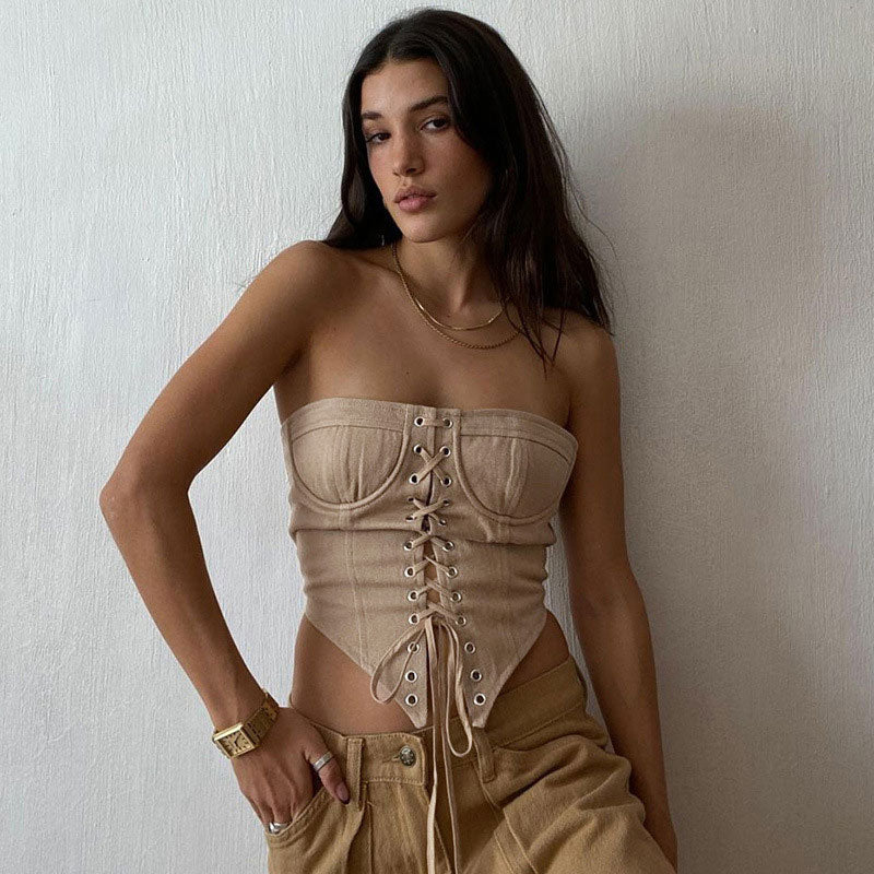 Curved Hem Strapless Lace Up Cropped Top - Khaki - Image 2