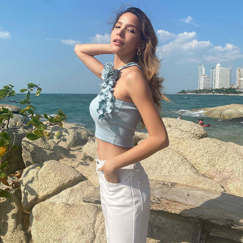 Ribbed 3D Flower Lettuce Detail Crop Top - Baby Blue - Image 2