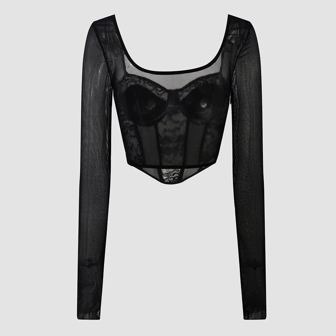 Long Sleeve Floral Lace Corset - Black - Image 4