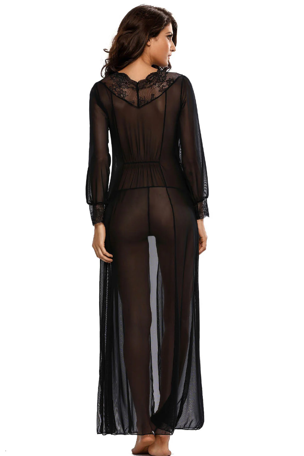 Sheer Long Sleeve Lace Robe With Thong - Image 2