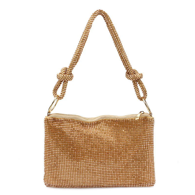 Crystal Embellished Knot Trim Shoulder Party Bag - Gold - Image 2