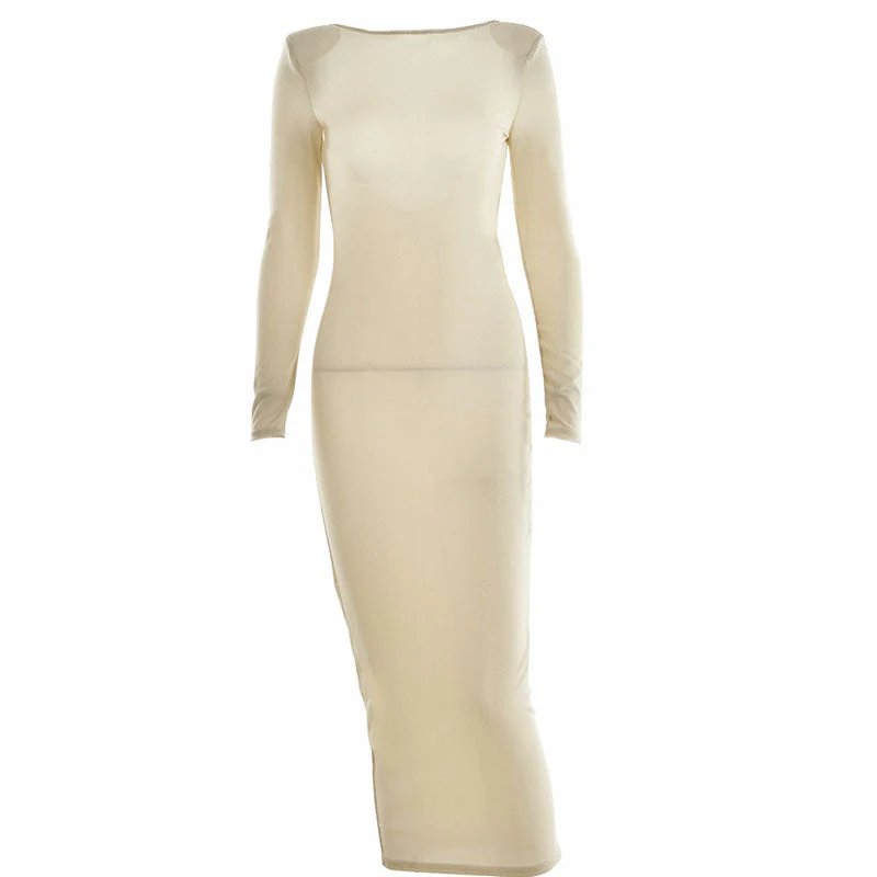 Long Sleeve Open Back Cocktail Midi Dress - Khaki - Image 3