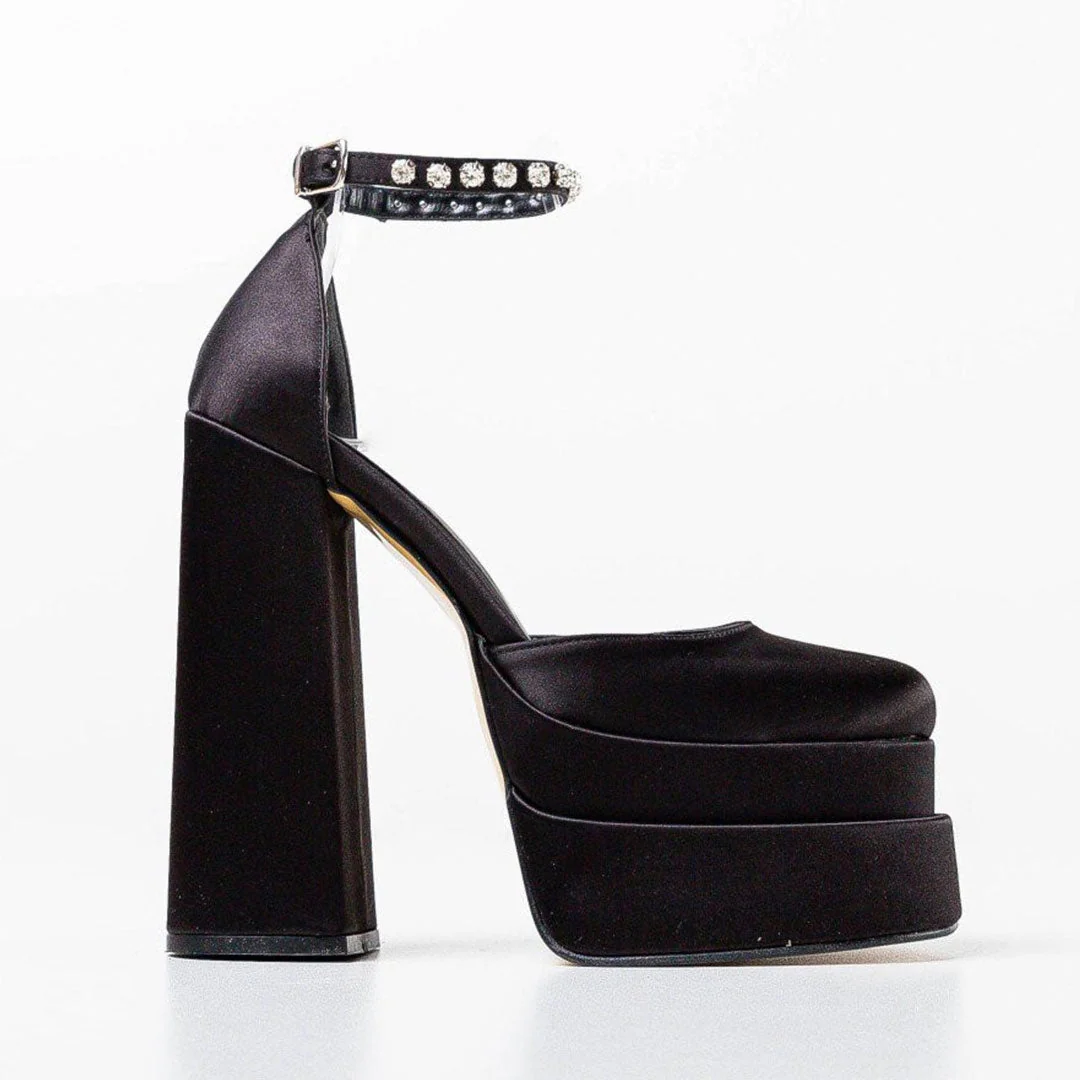 Crystal Satin Square Toe Chunky Platform Pumps - Black - Image 4