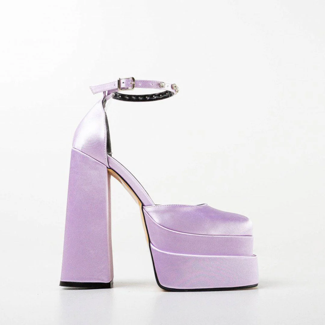 Crystal Satin Square Toe Chunky Platform Pumps - Purple - Image 5