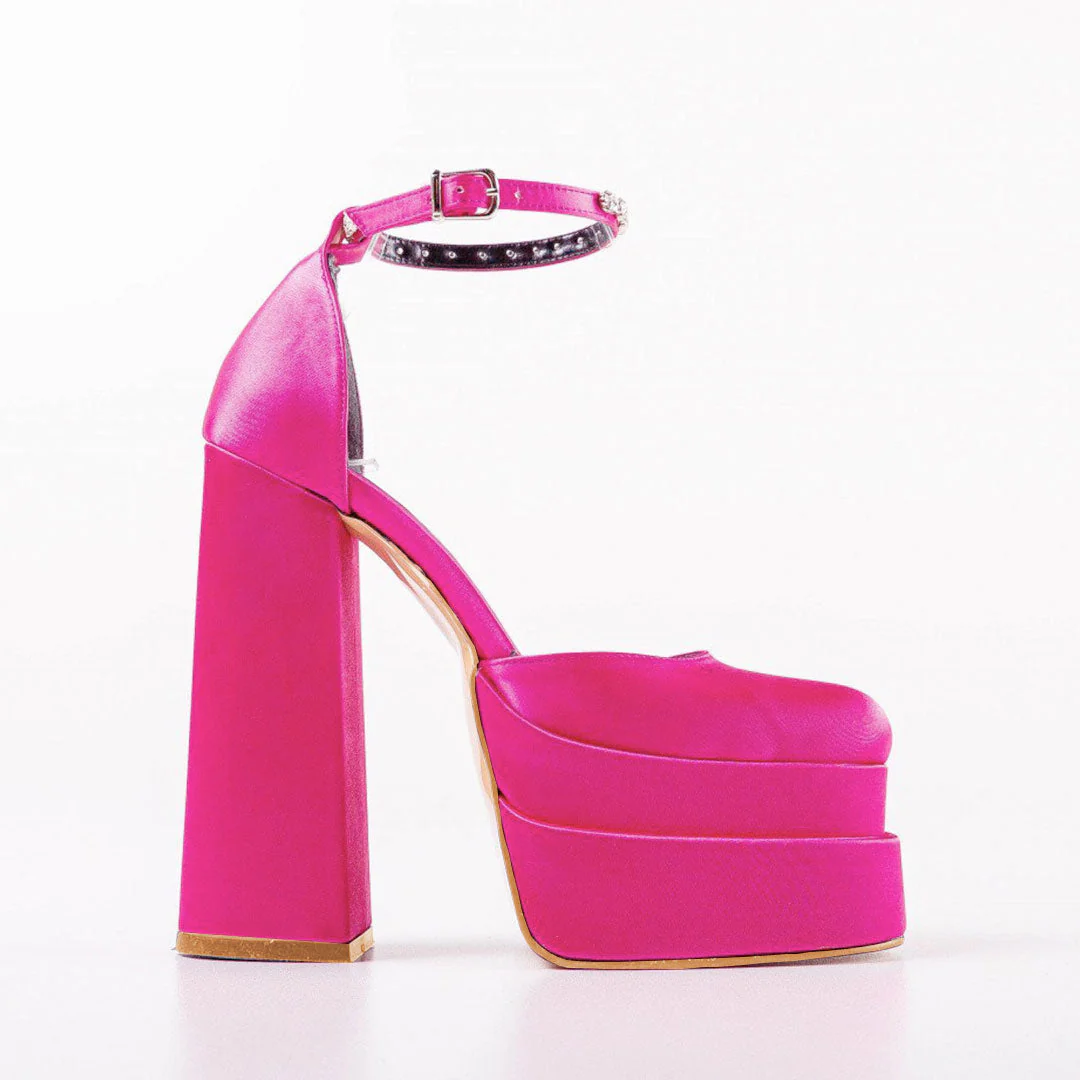 Crystal Satin Square Toe Chunky Platform Pumps - Rose - Image 4