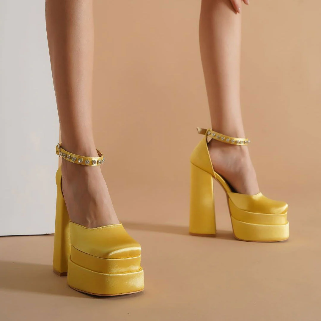 Crystal Satin Square Toe Chunky Platform Pumps - Yellow - Image 2