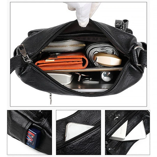 Shoulder Bag Leather Black Faux Multi-Pocket - Image 4
