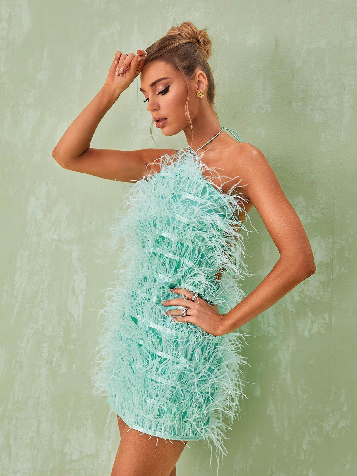Shreya Feather Mini Dress In Mint - Image 2