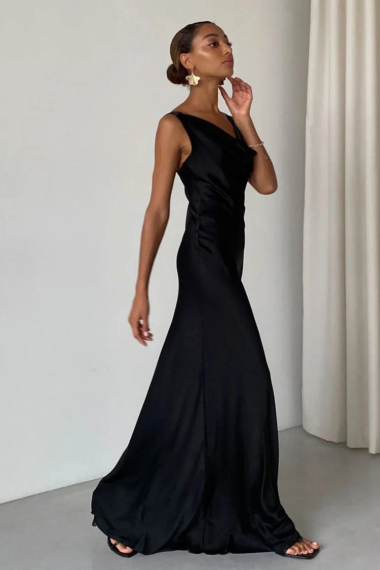 Silky Cowl Neck Sleeveless Satin Fishtail Evening Maxi Dress - Black - Image 2