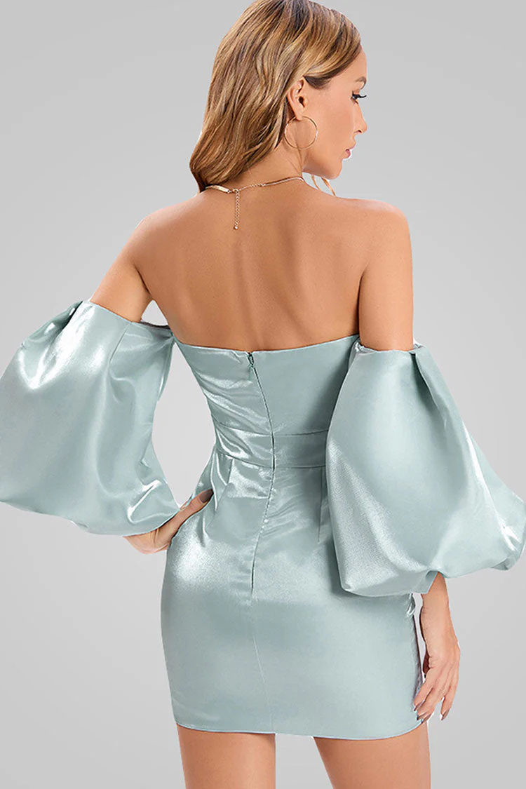 Silky Puff Sleeve Satin Off Shoulder Cocktail Mini Dress - Turquoise - Image 3